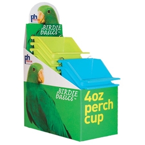 4oz Prevue Pets Plastic High Back Coop Cup with wire hooks and an attached perch - Finch and Canary Cage Accessories
