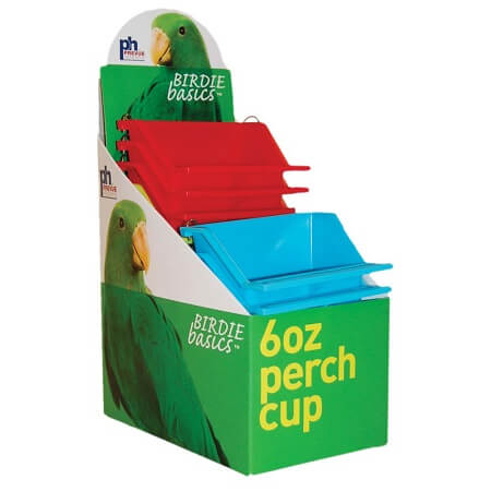 6oz Prevue Pets Plastic High Back Coop Cup with wire hooks and an attached perch - Finch and Canary Cage Accessories